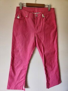 Vintage Y2K Guess Shimmer Pink Cropped Pants Rhinestone Logo Plaque Capri Jeans